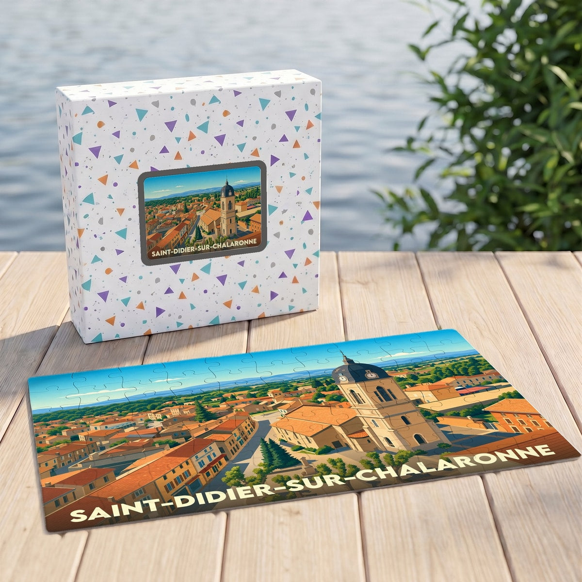 Puzzle souvenir de la ville de Saint-Didier-sur-Chalaronne avec une illustration stylisée et colorée du centre-bourg.