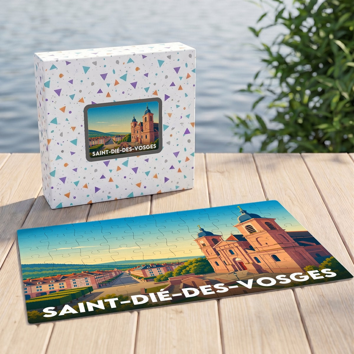 Puzzle souvenir de la ville de Saint-Dié-des-Vosges avec une illustration stylisée de sa cathédrale.