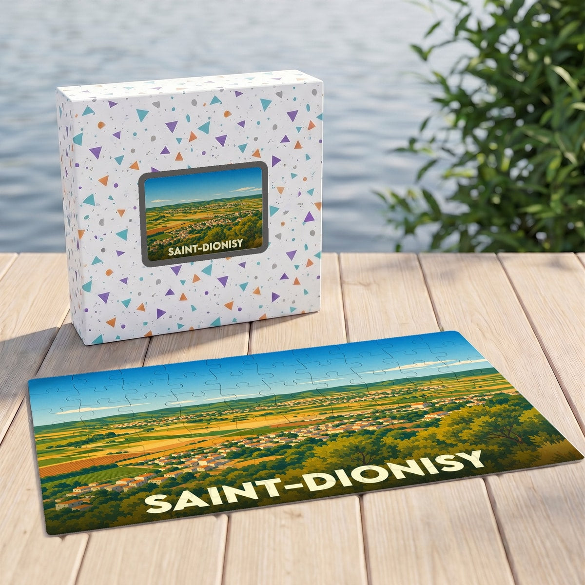 Puzzle souvenir de la ville de Saint-Dionisy avec une illustration stylisée de son paysage.