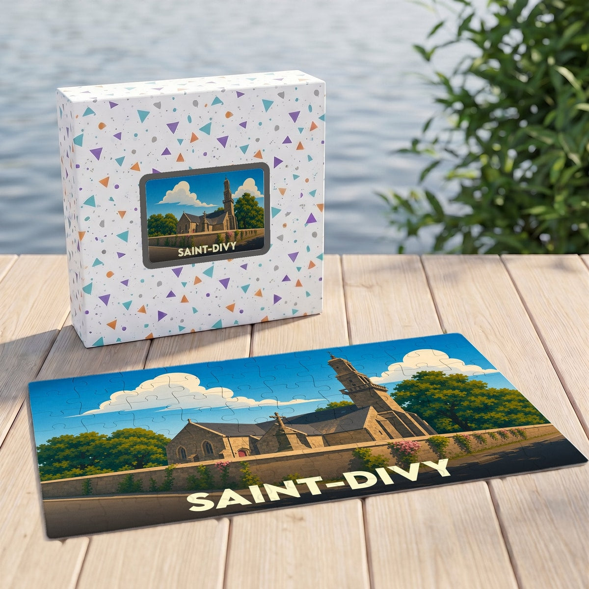 Puzzle souvenir de la ville de Saint-Divy représentant son église dans un style illustré.