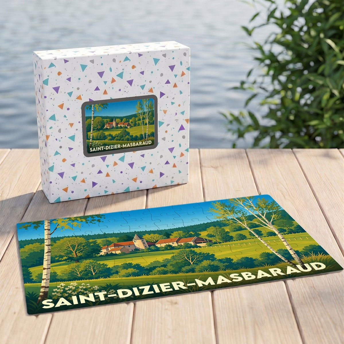 Puzzle souvenir de la commune de Saint-Dizier-Masbaraud avec une illustration de paysage champêtre.