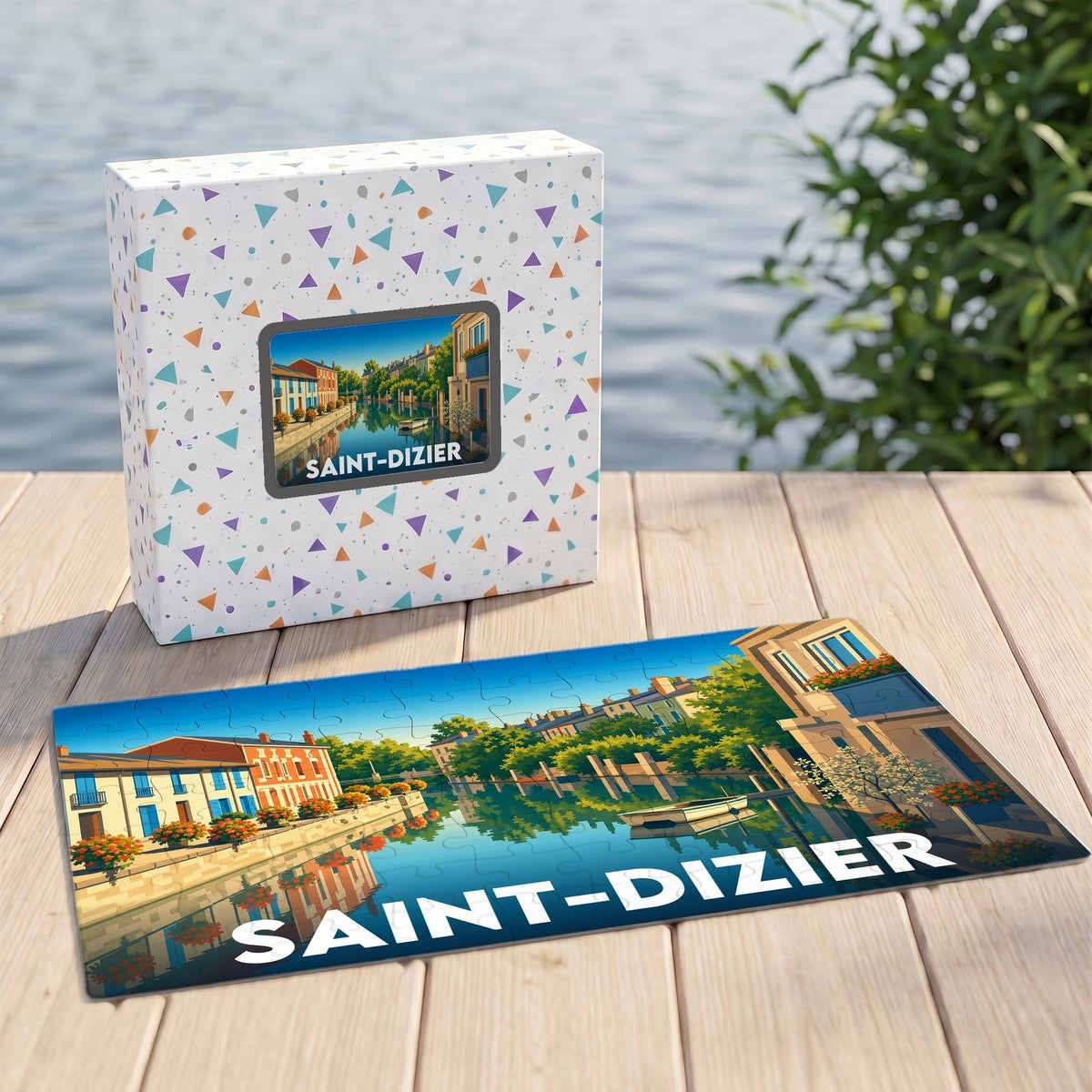 Puzzle souvenir de la ville de Saint-Dizier avec une illustration stylisée d'un canal bordé de maisons colorées.