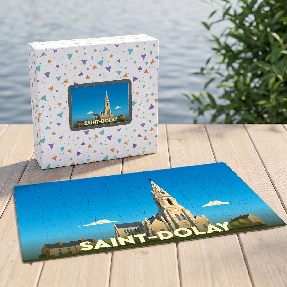 Puzzle souvenir de la ville de Saint-Dolay avec une illustration stylisée.