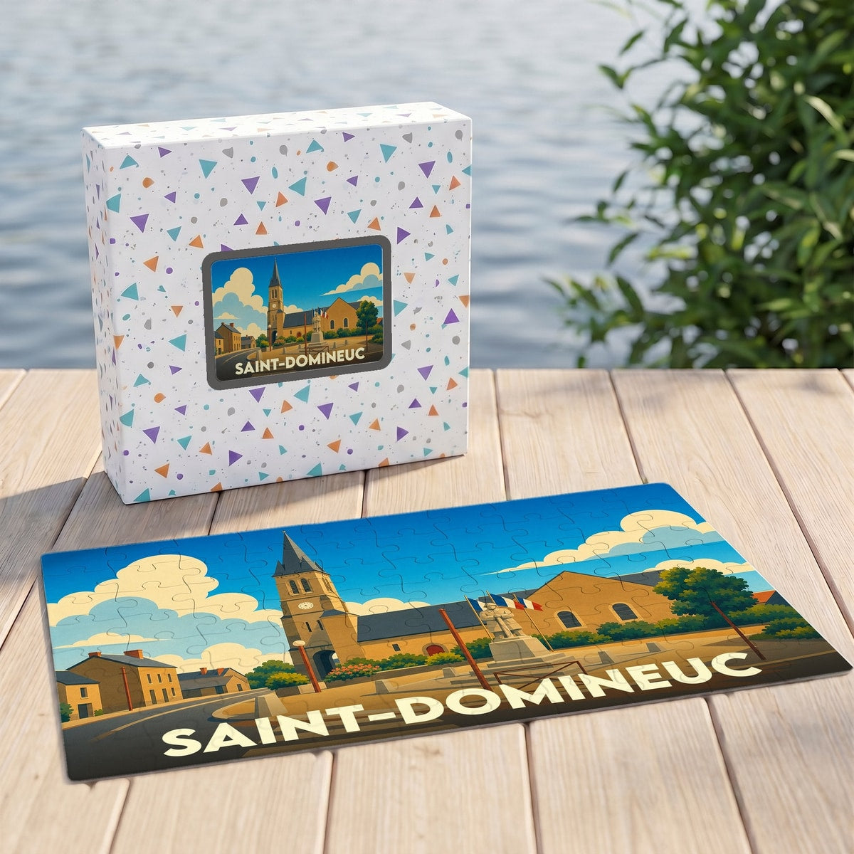 Puzzle souvenir de la ville de Saint-Domineuc avec son illustration stylisée et sa boîte assortie.