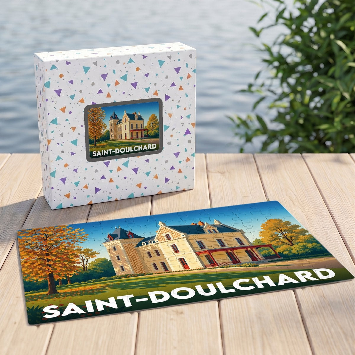 Puzzle souvenir de la ville de Saint-Doulchard présentant une illustration stylisée d'un manoir.