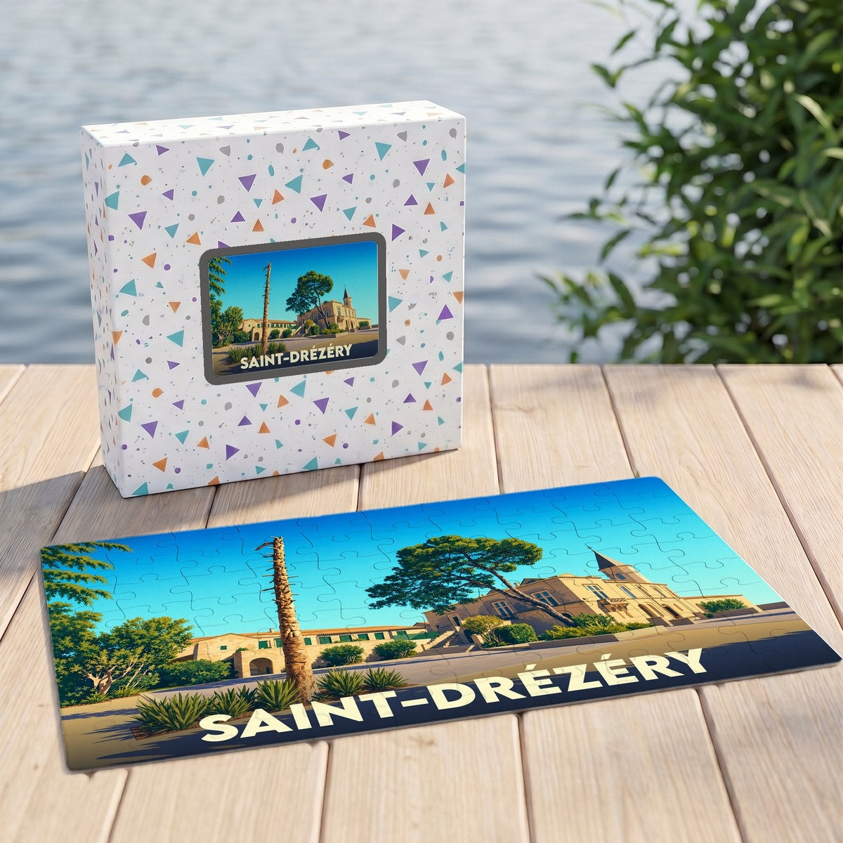 Puzzle souvenir de la ville de Saint-Drézéry avec une illustration ensoleillée de ses bâtiments.