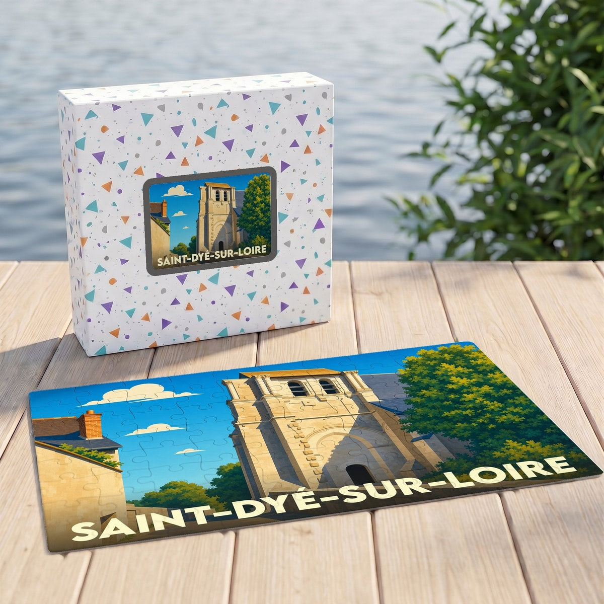 Puzzle souvenir de la ville de Saint-Dyé-sur-Loire avec une illustration stylisée de son église.