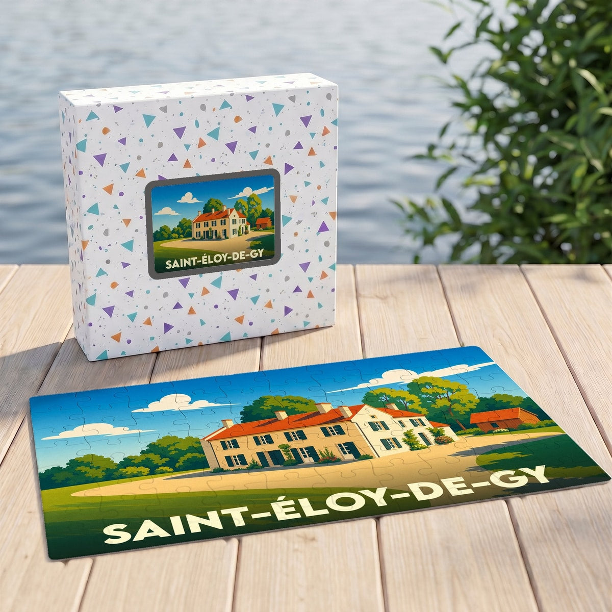 Puzzle souvenir de la ville de Saint-Éloy-de-Gy avec une illustration stylisée d'une grande maison de campagne.