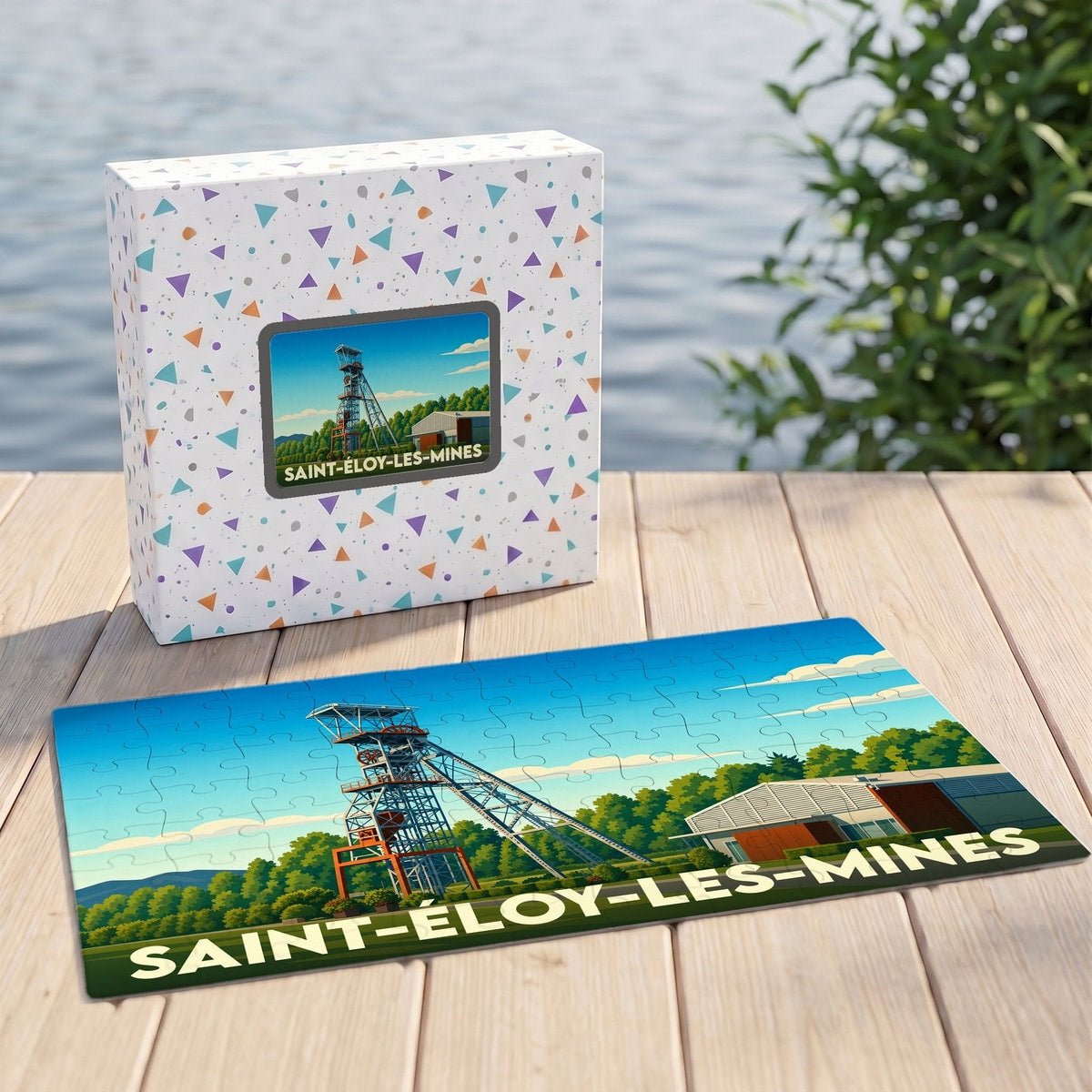 Puzzle souvenir de la ville de Saint-Éloy-les-Mines avec une illustration stylisée de son chevalement minier.