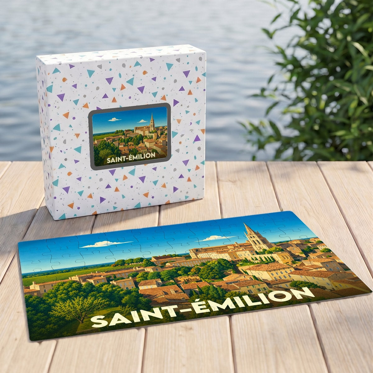 Puzzle souvenir de la ville de Saint-Émilion avec une illustration stylisée.