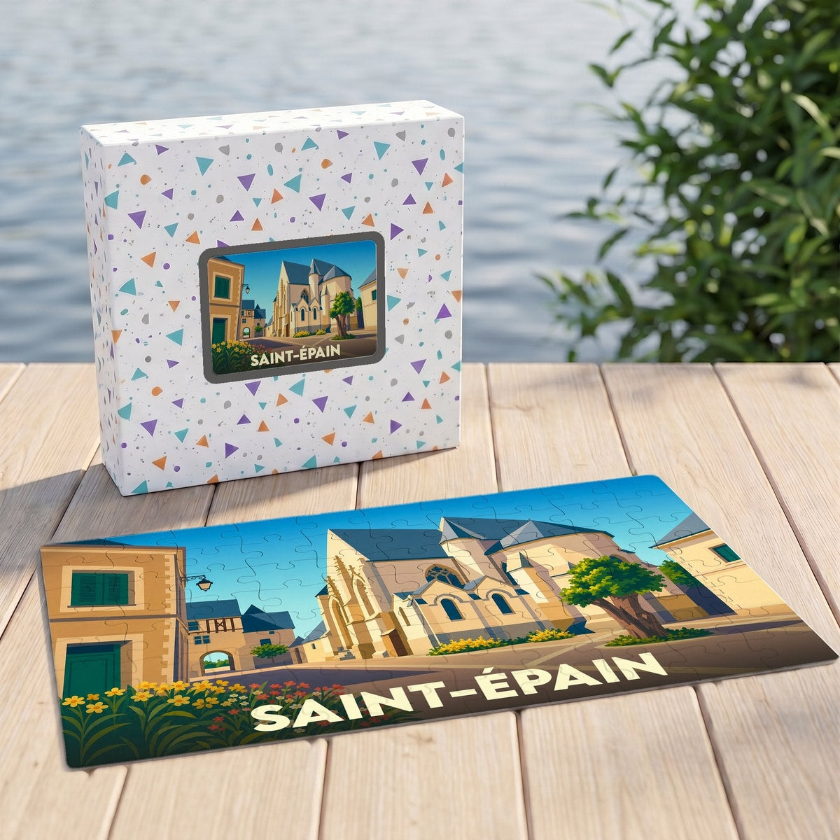 Puzzle souvenir de la ville de Saint-Épain avec une illustration stylisée d'une église et de maisons.