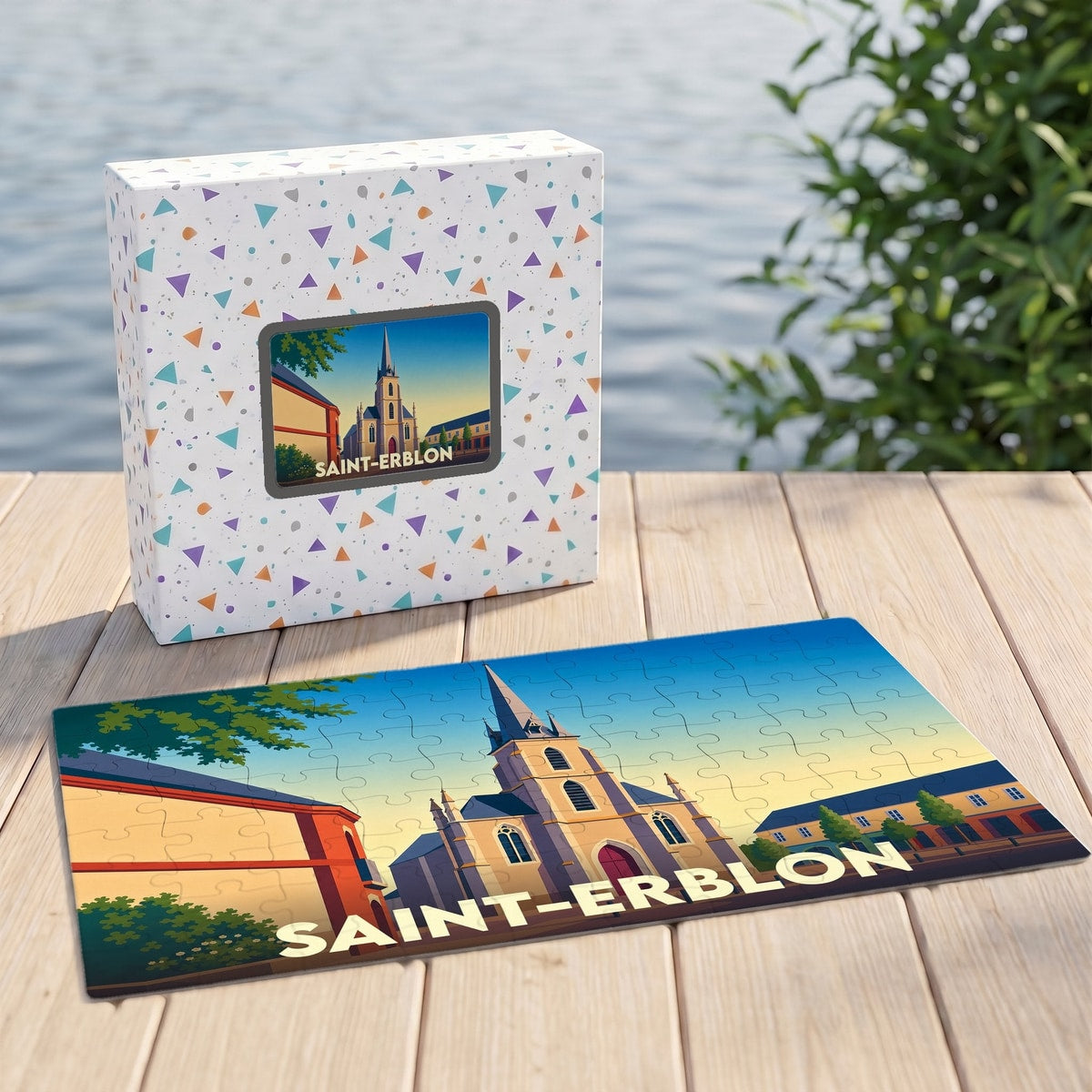 Puzzle souvenir de la ville de Saint-Erblon avec une illustration stylisée de son église.