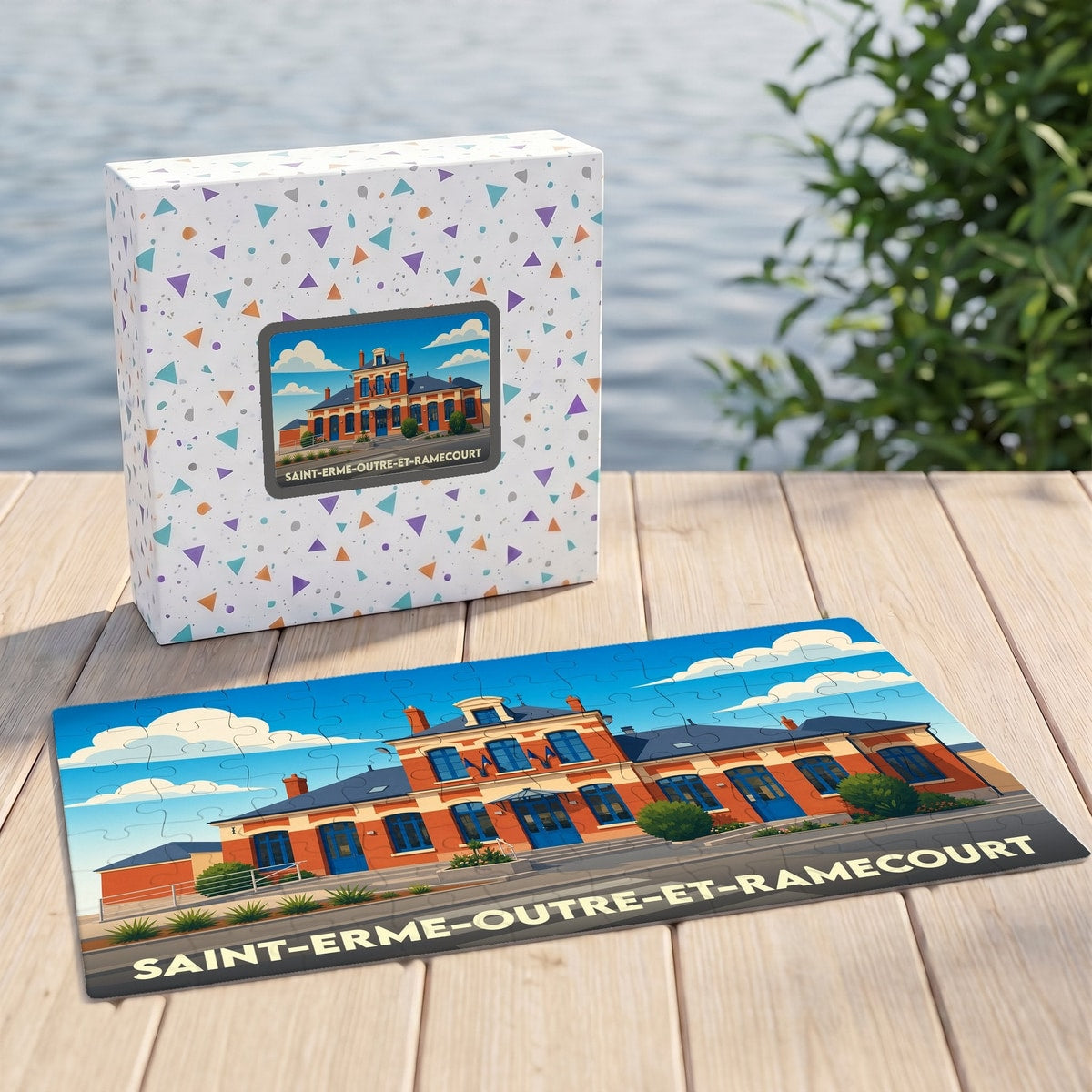 Puzzle souvenir de la ville de Saint-Erme-Outre-et-Ramecourt avec une illustration stylisée de sa gare.