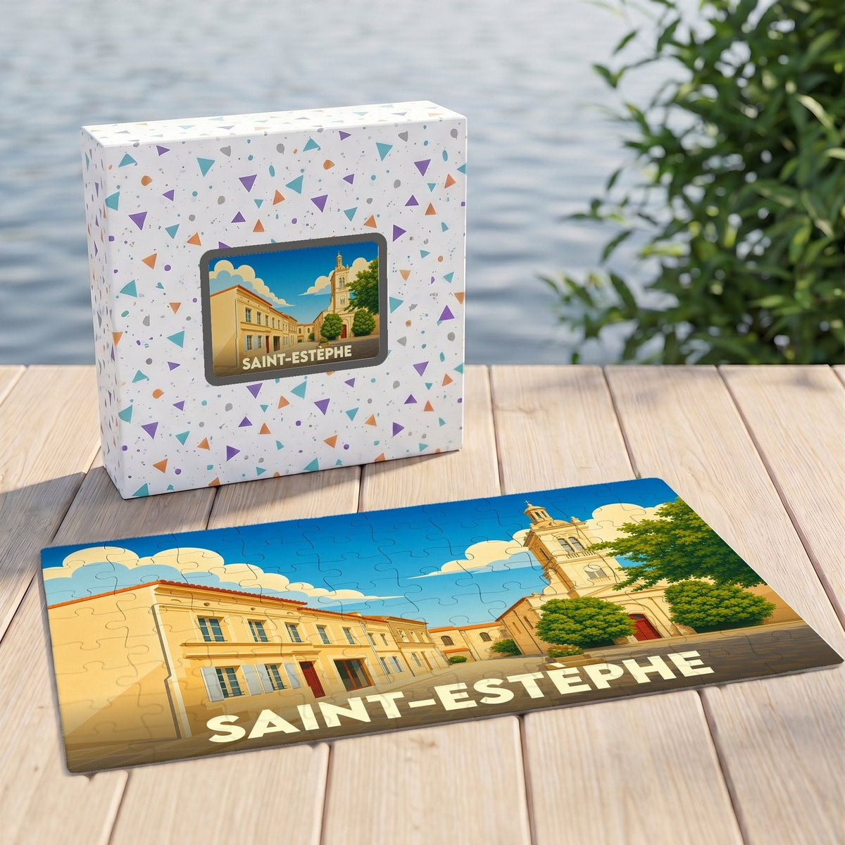 Puzzle souvenir de la ville de Saint-Estèphe avec une illustration colorée et stylisée.