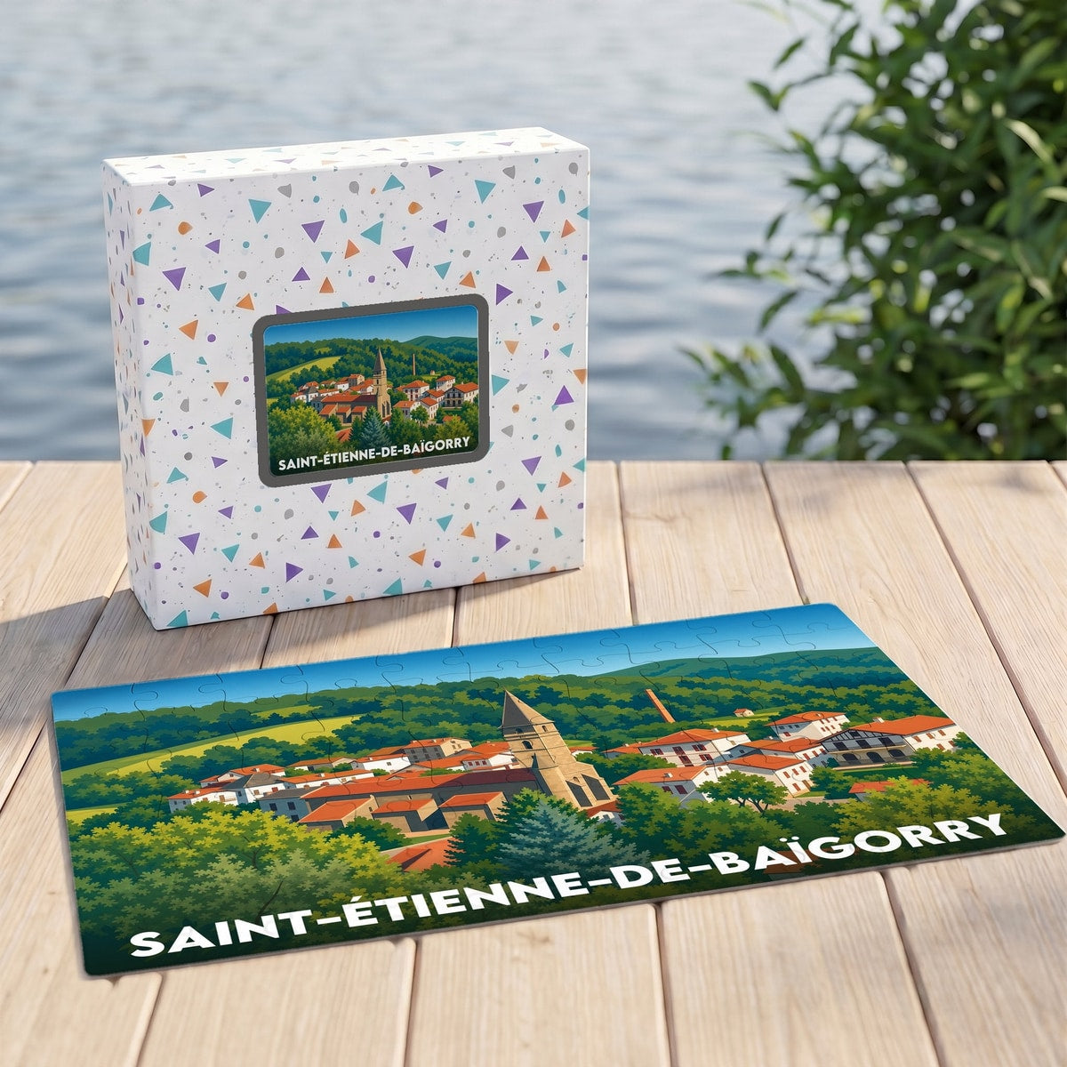 Puzzle souvenir de la ville de Saint-Étienne-de-Baïgorry avec une illustration stylisée et colorée de son paysage urbain.