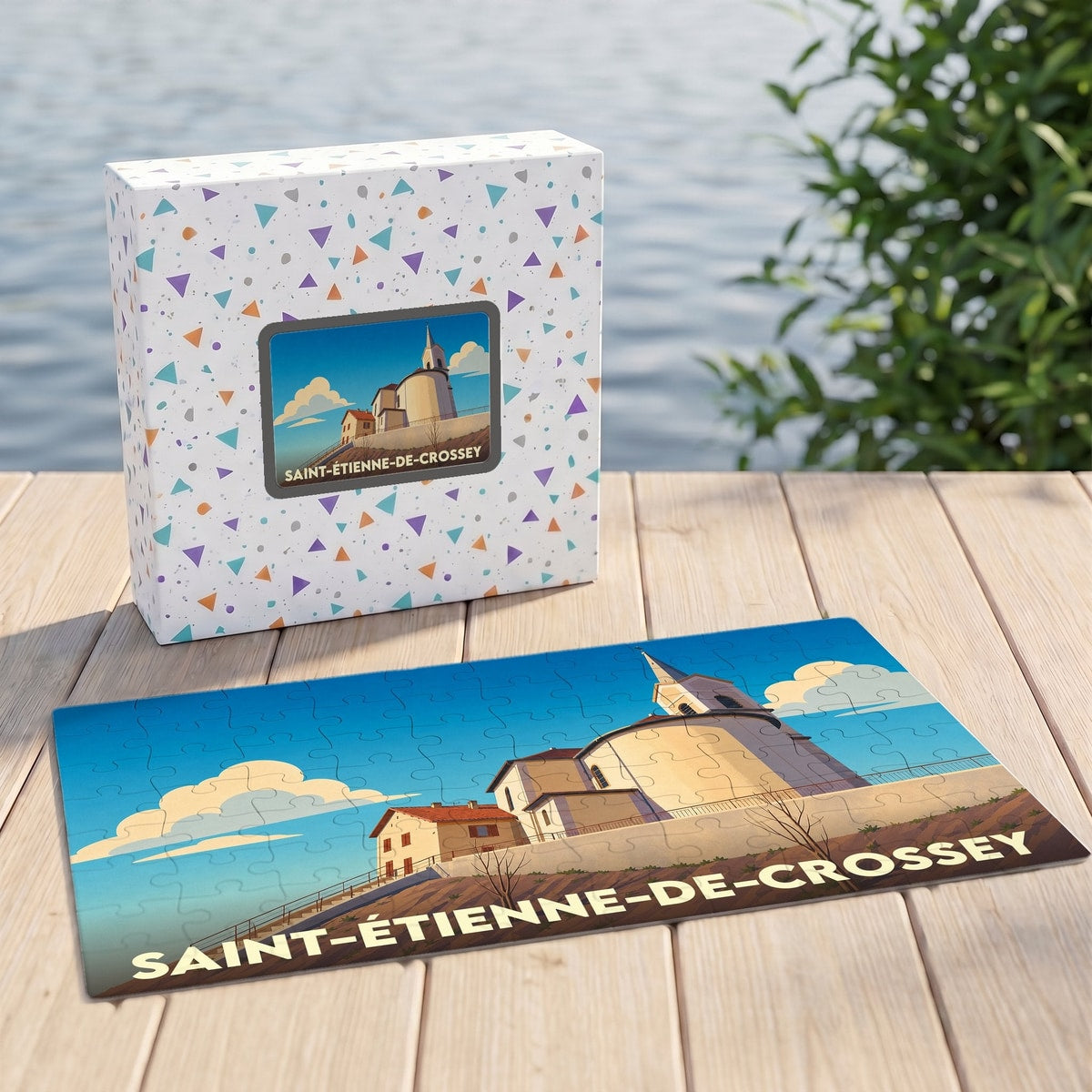 Puzzle souvenir de la ville de Saint-Étienne-de-Crossey avec une illustration stylisée de son église.