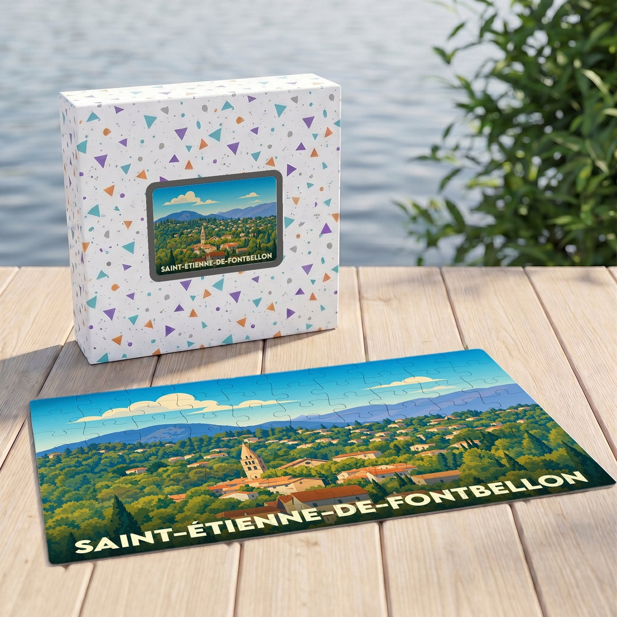 Puzzle souvenir de la ville de Saint-Étienne-de-Fontbellon avec une illustration panoramique stylisée.