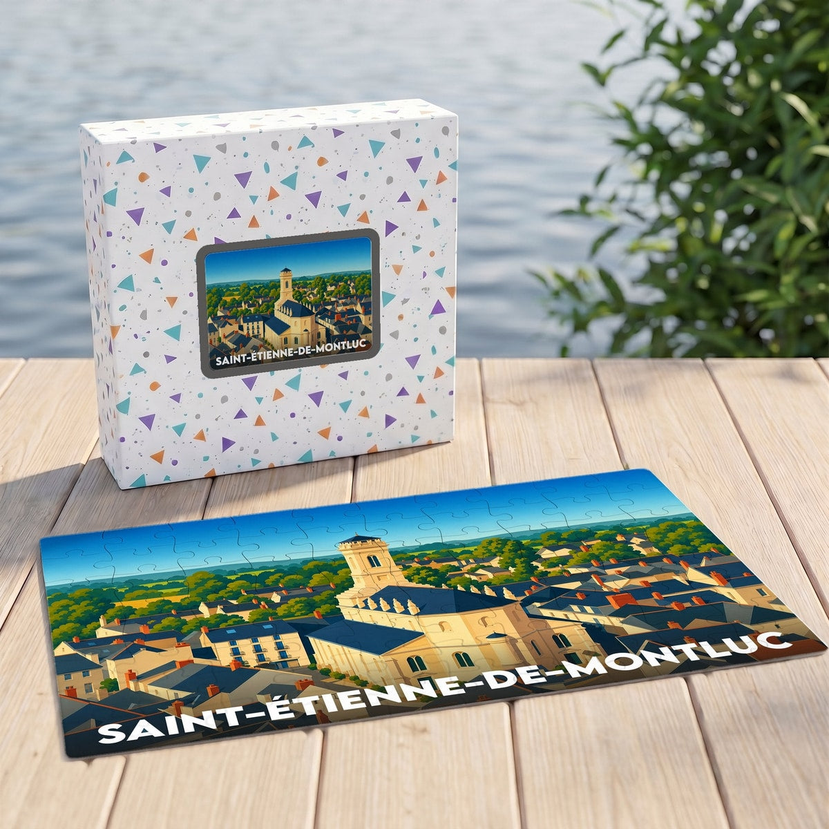 Puzzle souvenir de la ville de Saint-Étienne-de-Montluc avec une illustration stylisée.