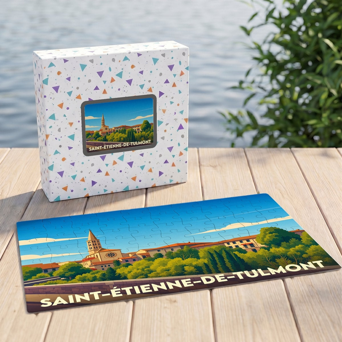 Puzzle souvenir de la ville de Saint-Étienne-de-Tulmont avec une illustration stylisée et colorée.