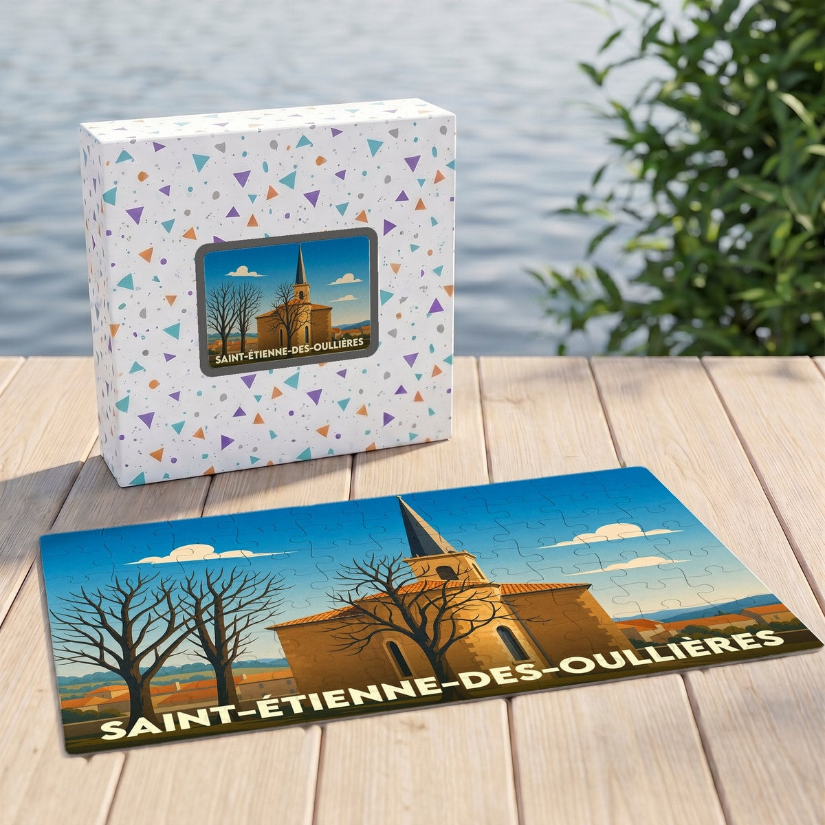 Puzzle souvenir de la ville de Saint-Étienne-des-Oullières avec une illustration stylisée de son église.
