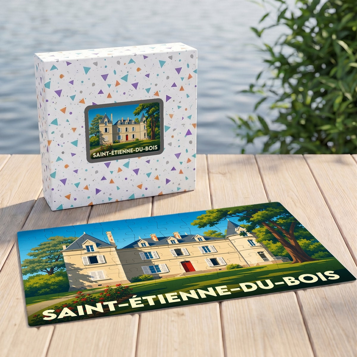 Puzzle souvenir de la ville de Saint-Étienne-du-Bois avec une illustration stylisée d'un château.