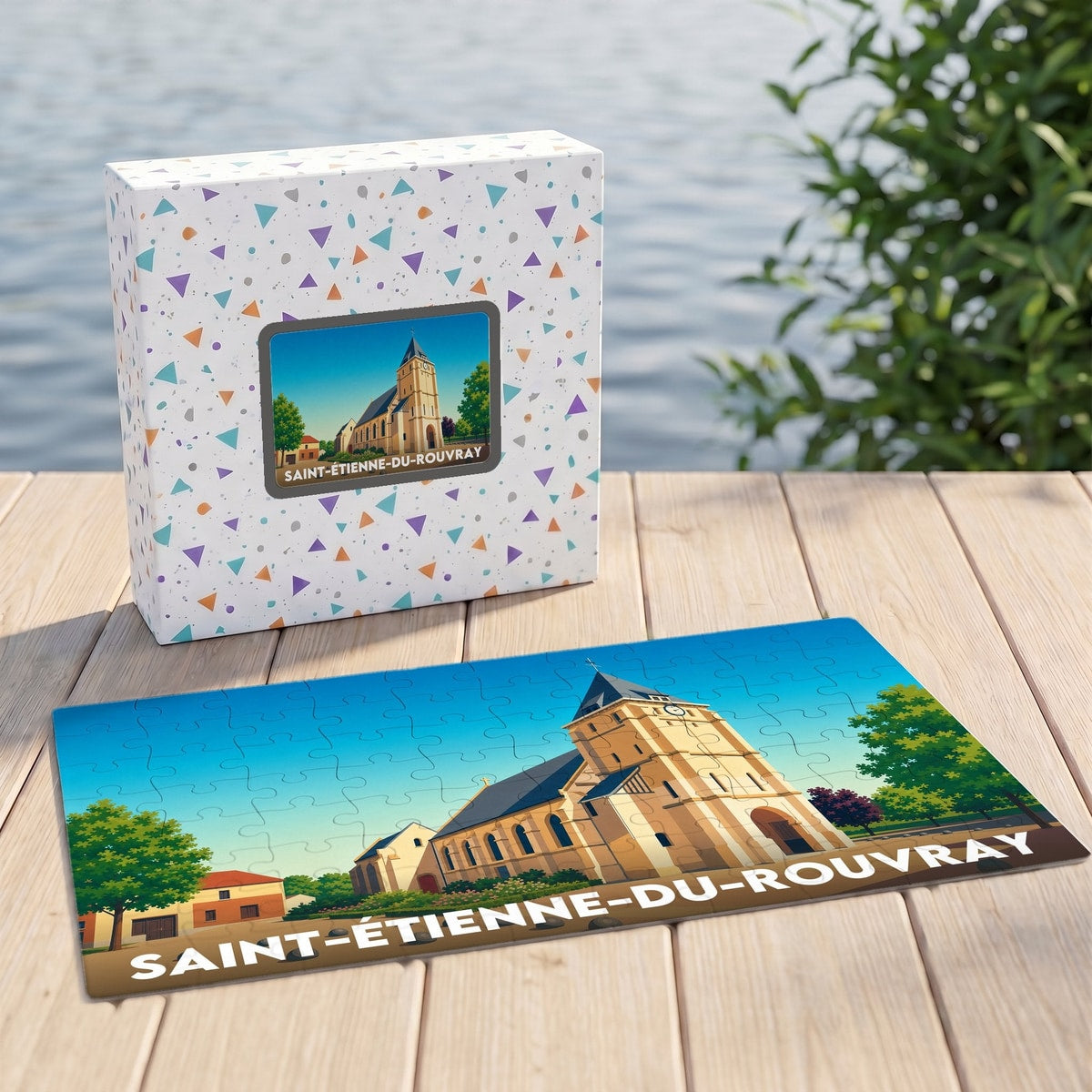 Puzzle souvenir de la ville de Saint-Étienne-du-Rouvray avec une illustration stylisée d'une église.
