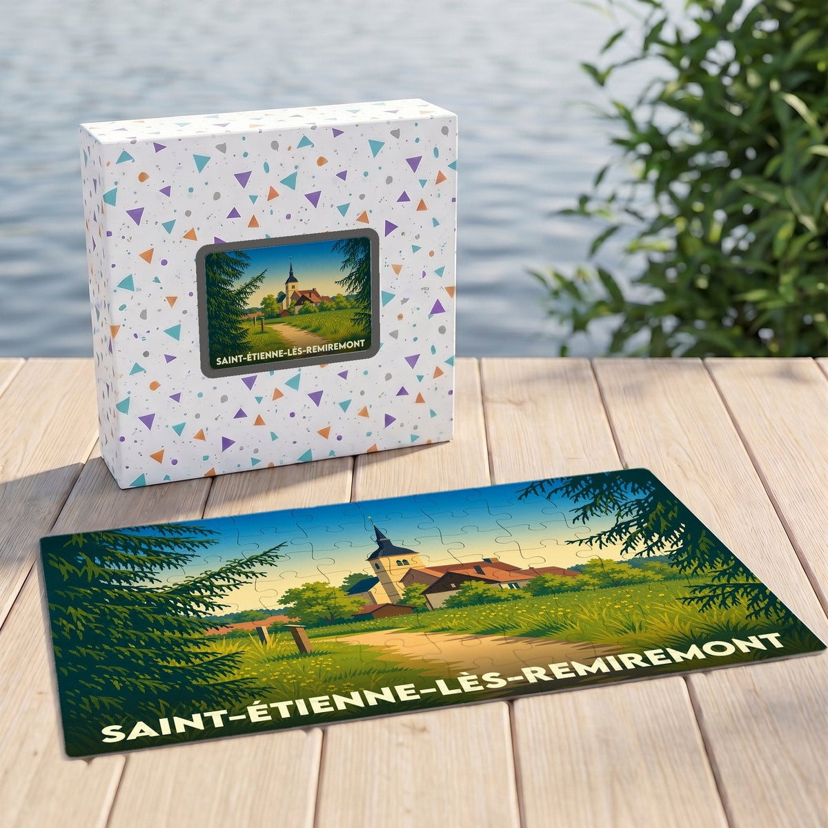 Puzzle souvenir de la ville de Saint-Étienne-lès-Remiremont avec une illustration paysagère stylisée.