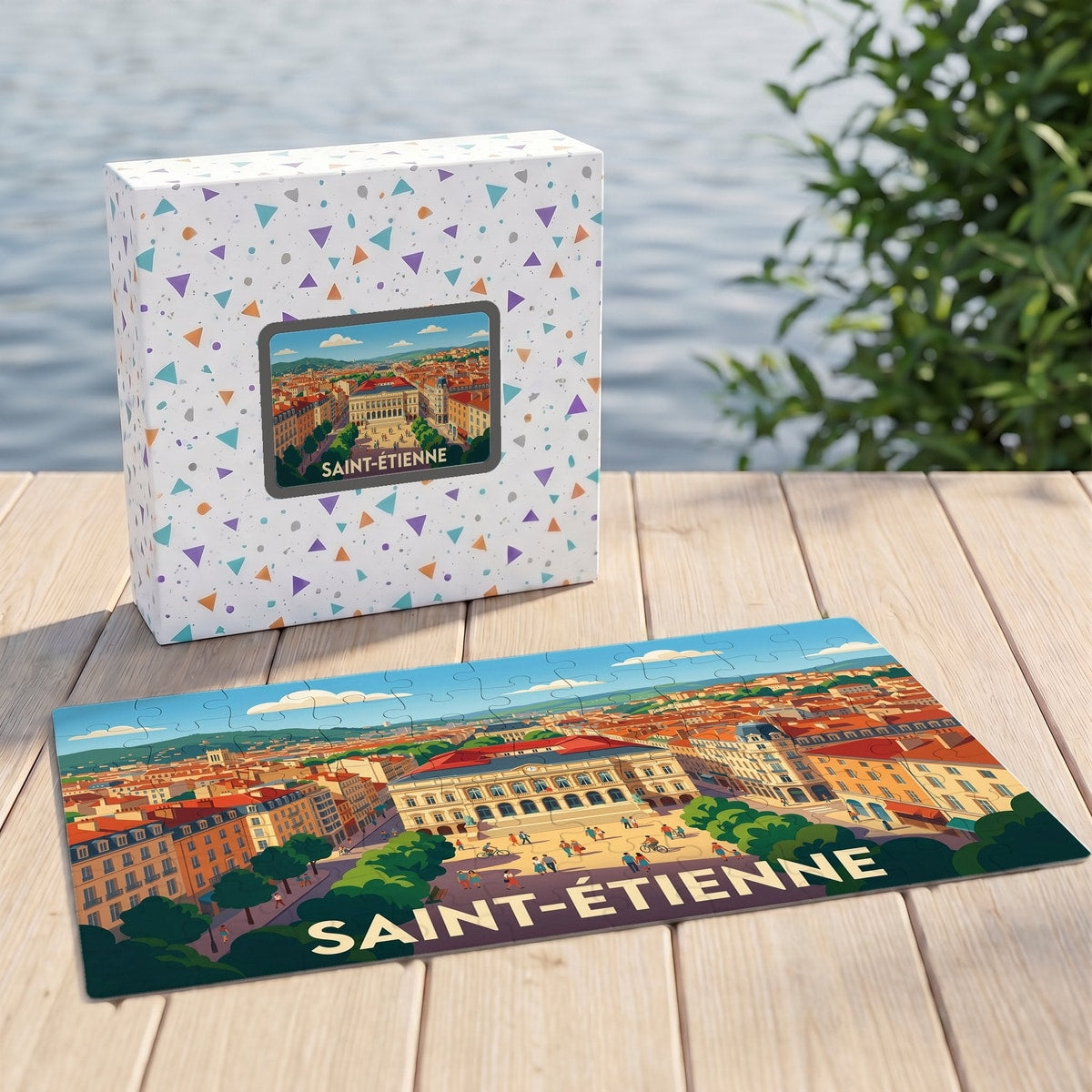 Puzzle souvenir de la ville de Saint-Étienne avec une illustration stylisée et sa boîte assortie.
