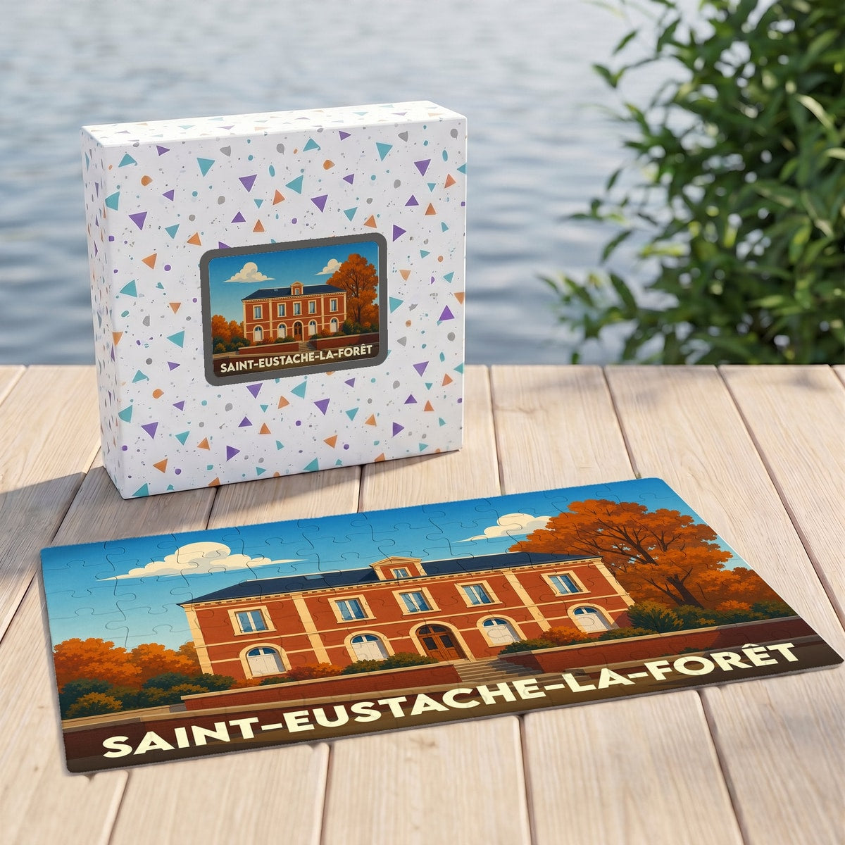 Puzzle souvenir de Saint-Eustache-la-Forêt illustrant une grande bâtisse en briques entourée d'arbres automnaux.