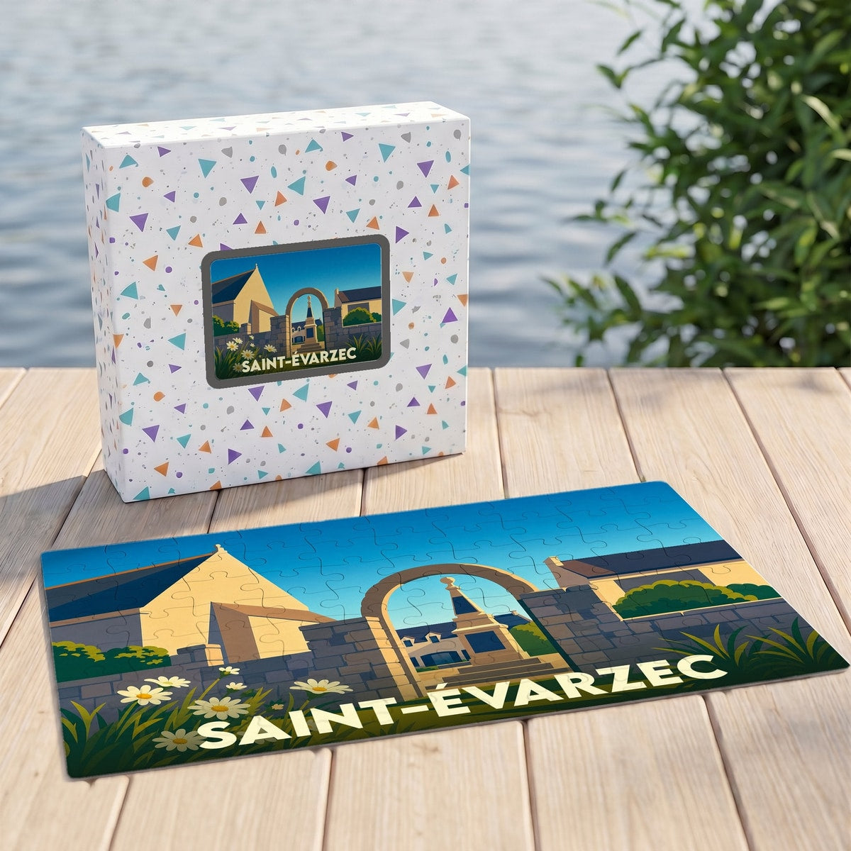 Puzzle souvenir de la ville de Saint-Évarzec avec une illustration stylisée d'un monument local.