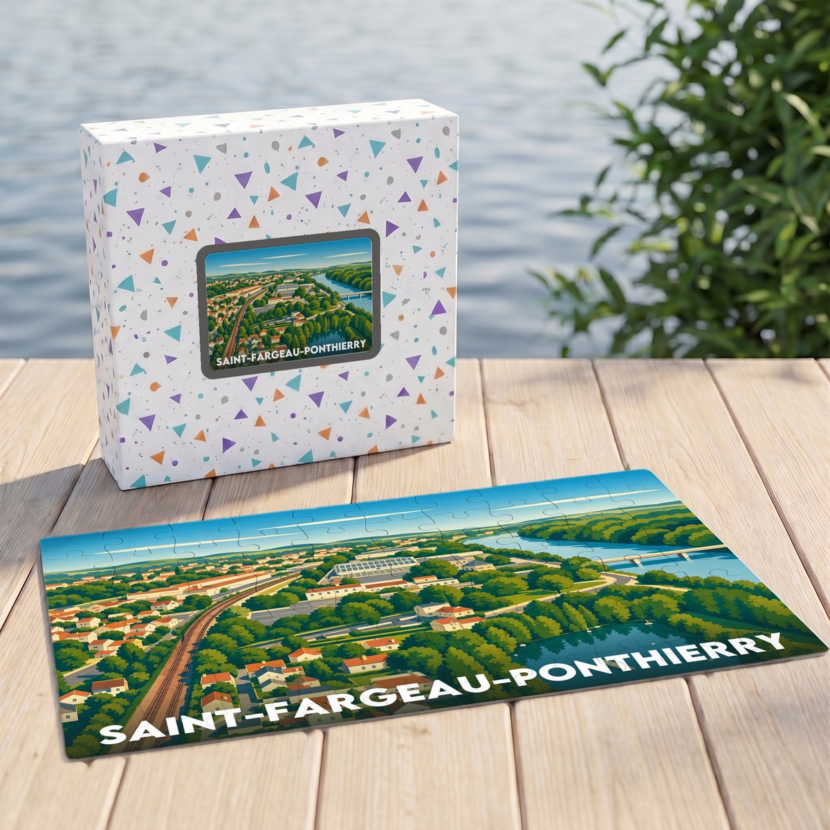 Puzzle souvenir de la ville de Saint-Fargeau-Ponthierry avec une illustration paysagère stylisée.