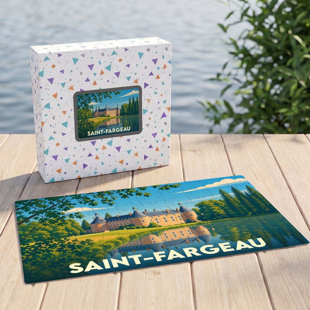 Puzzle souvenir de la ville de Saint-Fargeau avec une illustration stylisée du château.