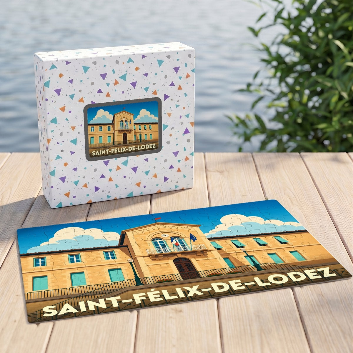 Puzzle souvenir de la ville de Saint-Félix-de-Lodez avec une illustration stylisée de sa mairie.