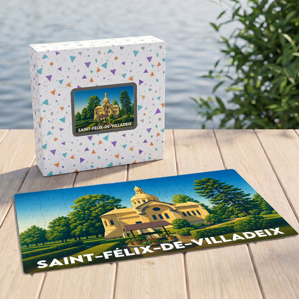 Puzzle souvenir de la ville de Saint-Félix-de-Villadeix avec une illustration stylisée de son patrimoine.
