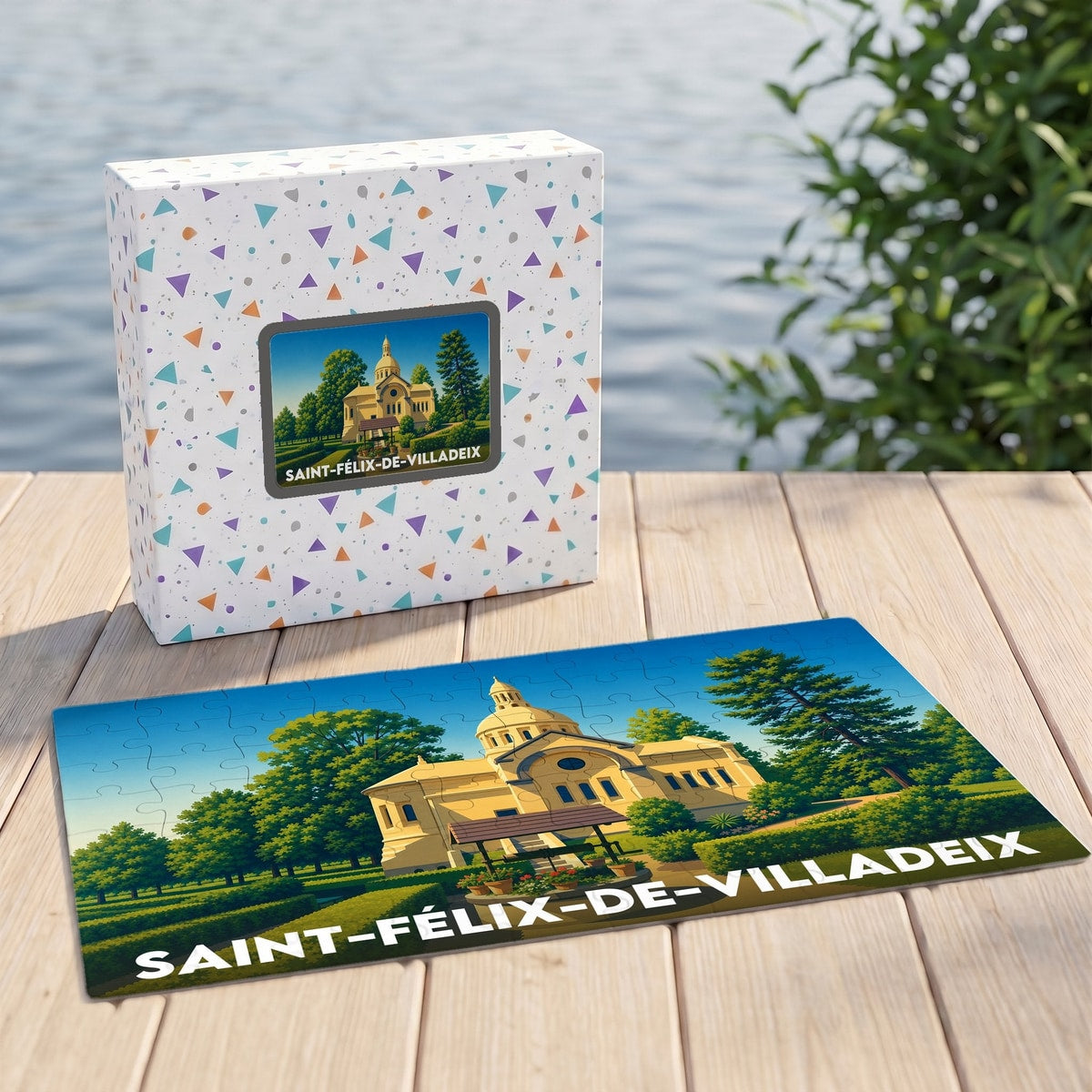 Puzzle souvenir de la ville de Saint-Félix-de-Villadeix avec une illustration stylisée de son patrimoine.