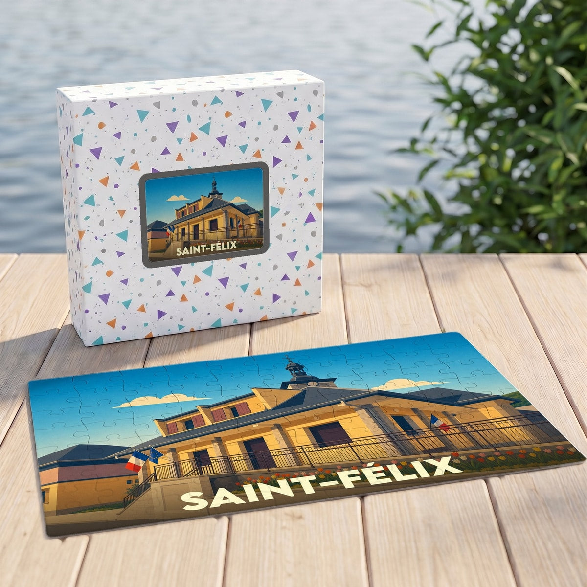 Puzzle souvenir de la ville de Saint-Félix présenté avec sa boîte illustrée sur un ponton en bois.