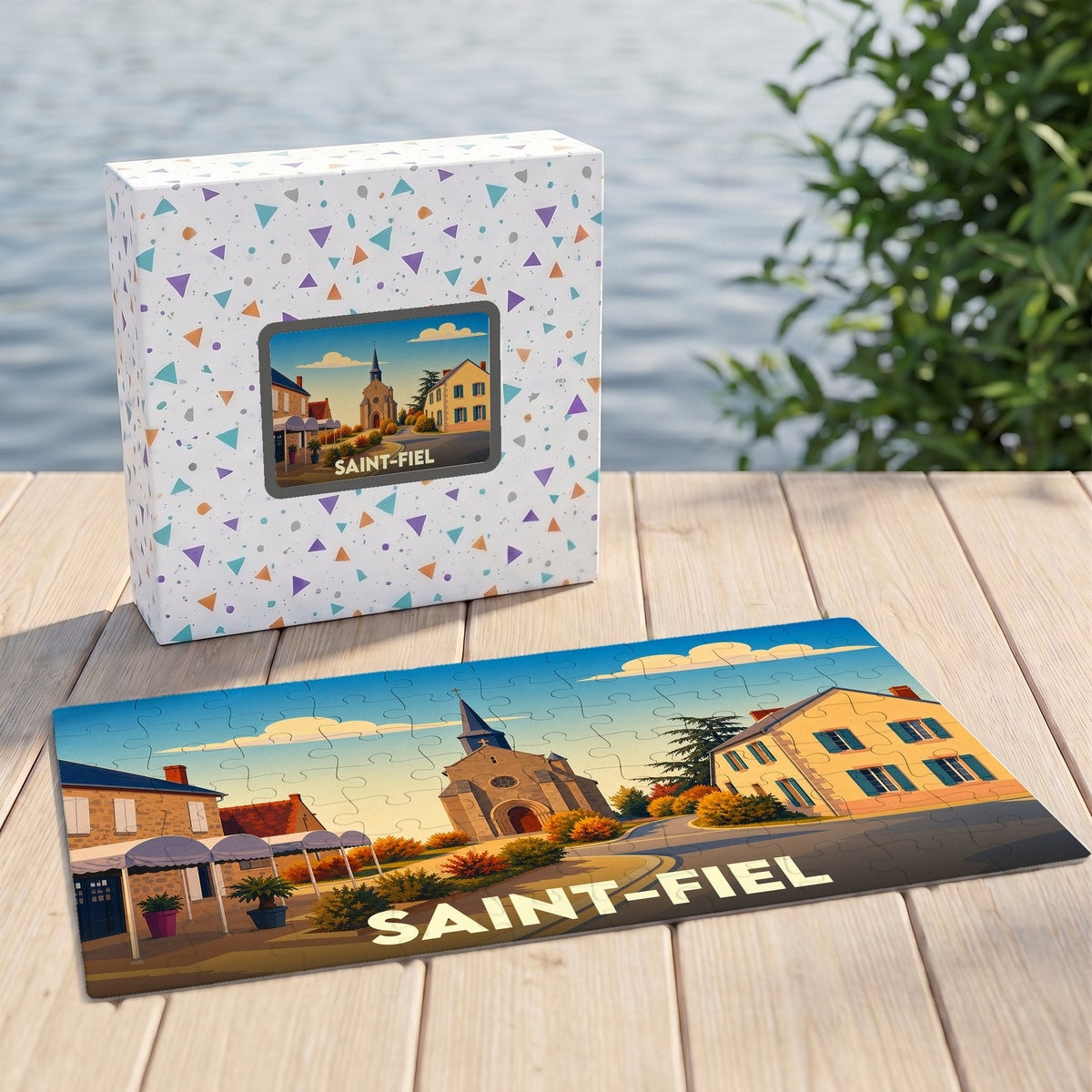Puzzle souvenir de la ville de Saint-Fiel avec une illustration stylisée d'un paysage urbain.