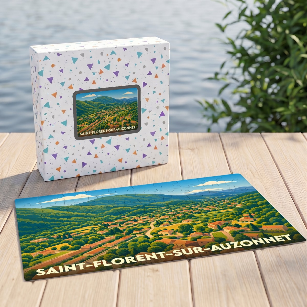 Puzzle souvenir de la ville de Saint-Florent-sur-Auzonnet avec une illustration paysagère stylisée.