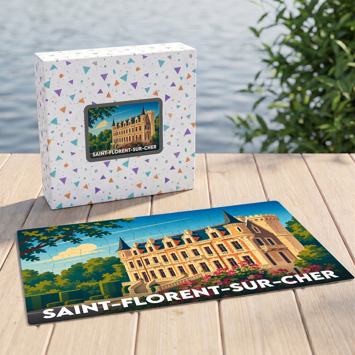 Puzzle souvenir de la ville de Saint-Florent-sur-Cher avec une illustration stylisée de son château.