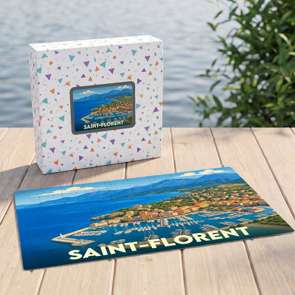 Puzzle souvenir de la ville de Saint-Florent avec une illustration stylisée d'un port méditerranéen.