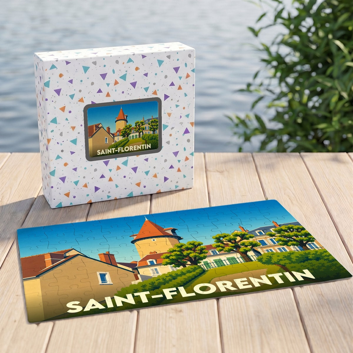 Puzzle souvenir de la ville de Saint-Florentin avec son boîtier assorti et une illustration stylisée.
