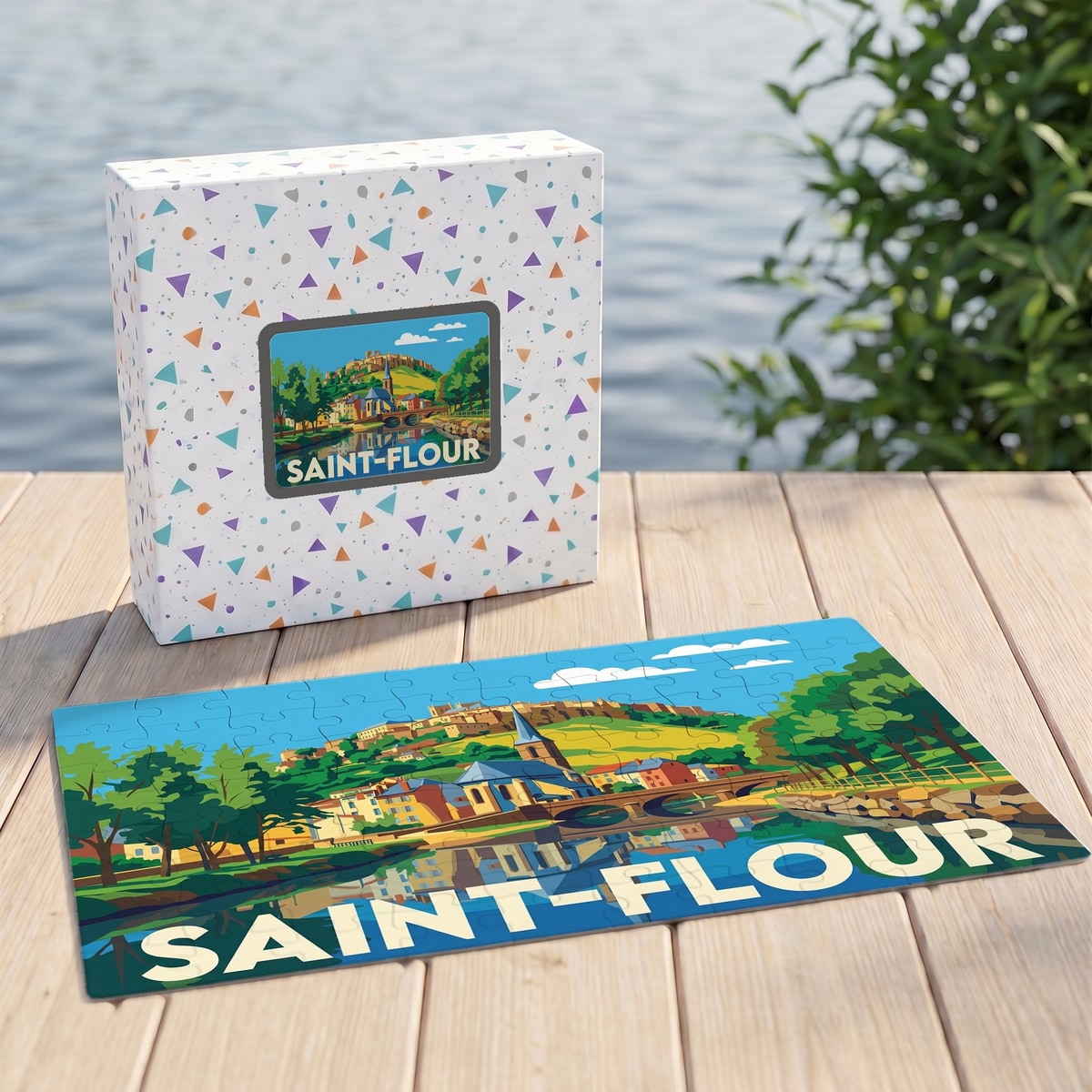 Puzzle souvenir de la ville de Saint-Flour avec une illustration stylisée et colorée.