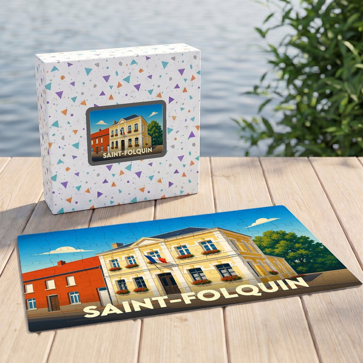 Puzzle souvenir de la ville de Saint-Folquin avec une illustration colorée de sa mairie.