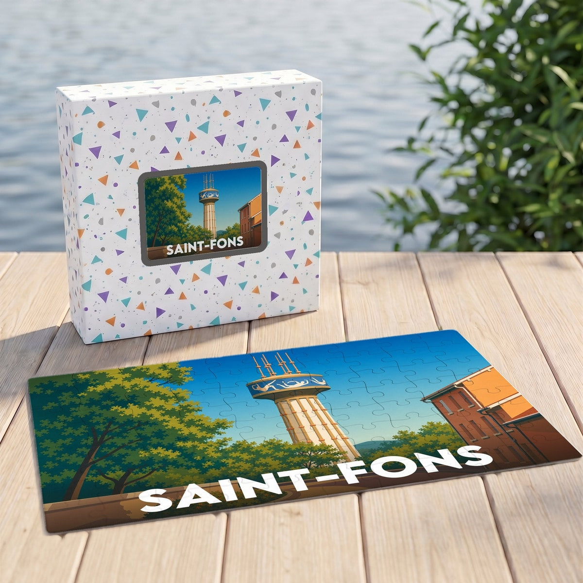Puzzle souvenir de la ville de Saint-Fons avec une illustration stylisée d'un château d'eau.