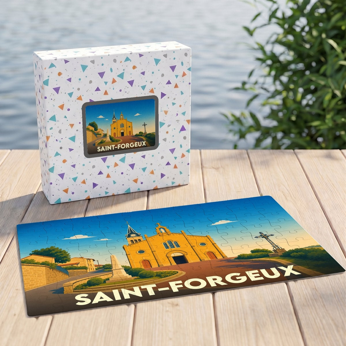 Puzzle souvenir de la ville de Saint-Forgeux avec une illustration stylisée d'une église sous un ciel bleu.