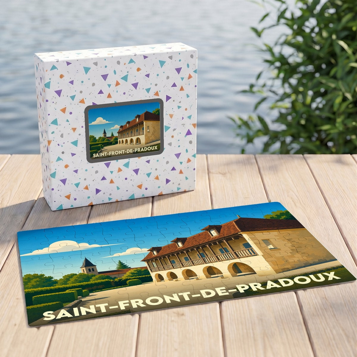 Puzzle souvenir de la ville de Saint-Front-de-Pradoux avec une illustration stylisée d'un bâtiment historique.