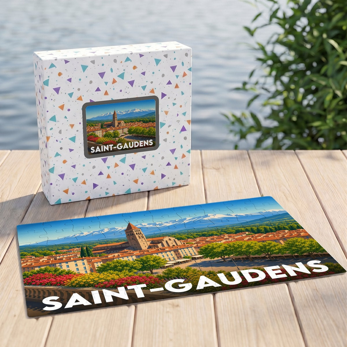 Puzzle souvenir de la ville de Saint-Gaudens avec une illustration panoramique de la cité devant les montagnes.