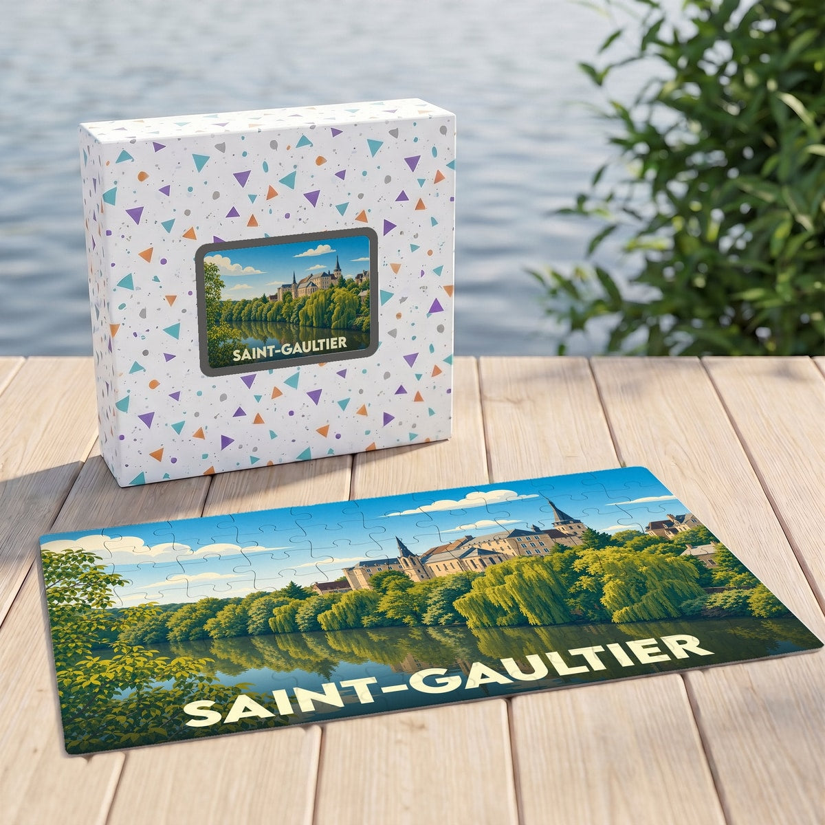 Puzzle souvenir de la ville de Saint-Gaultier illustrant un paysage de bord de rivière avec son château.