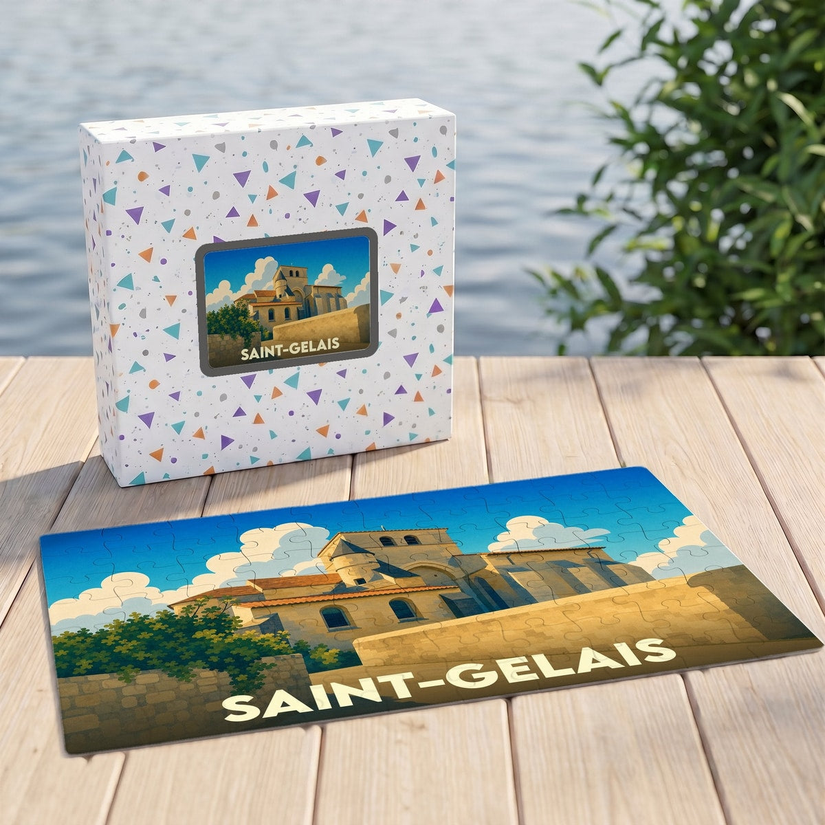 Puzzle souvenir de la ville de Saint-Gelais avec une illustration stylisée d'un bâtiment historique.