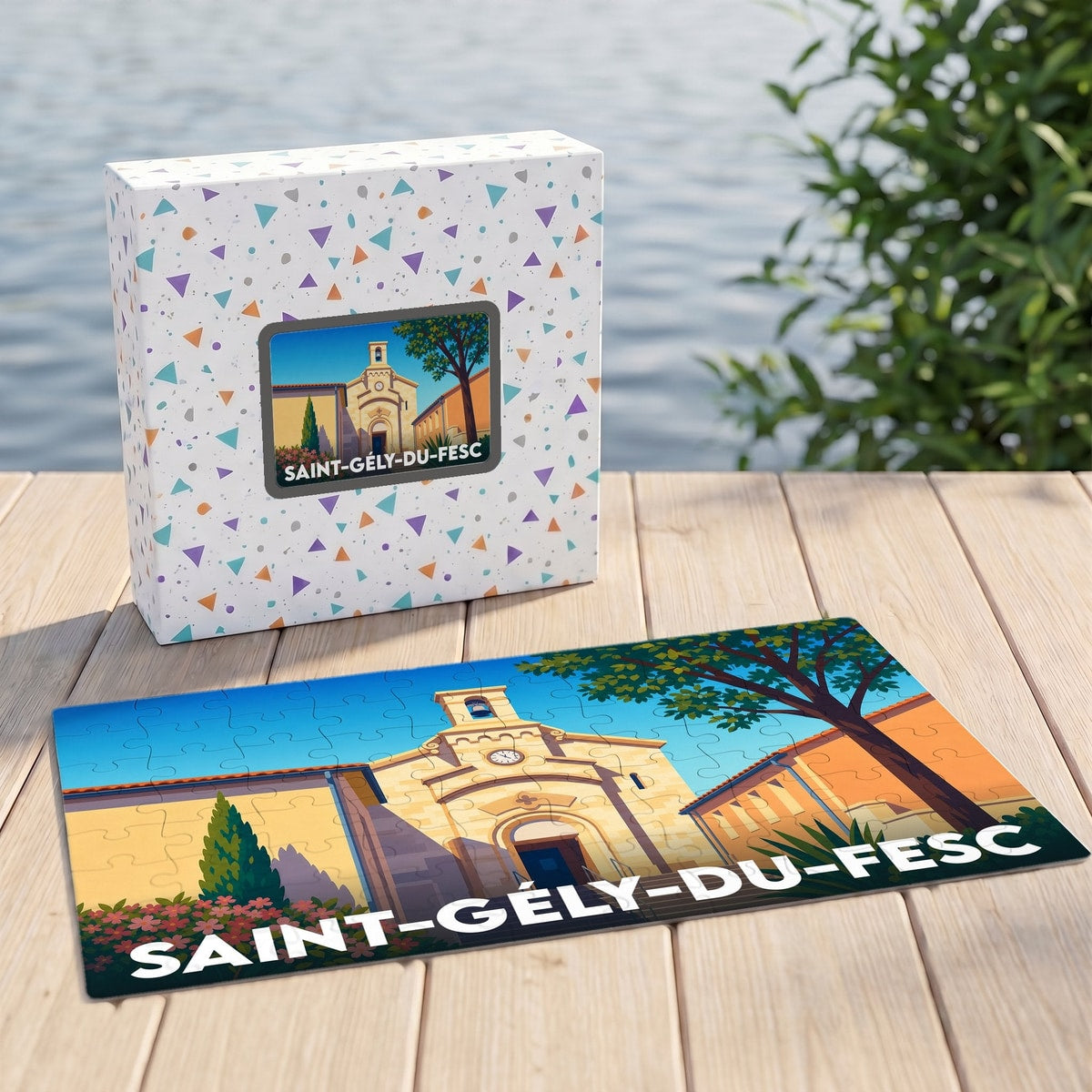 Puzzle souvenir de la ville de Saint-Gély-du-Fesc avec son boîte, illustré par un dessin stylisé de l'église locale.